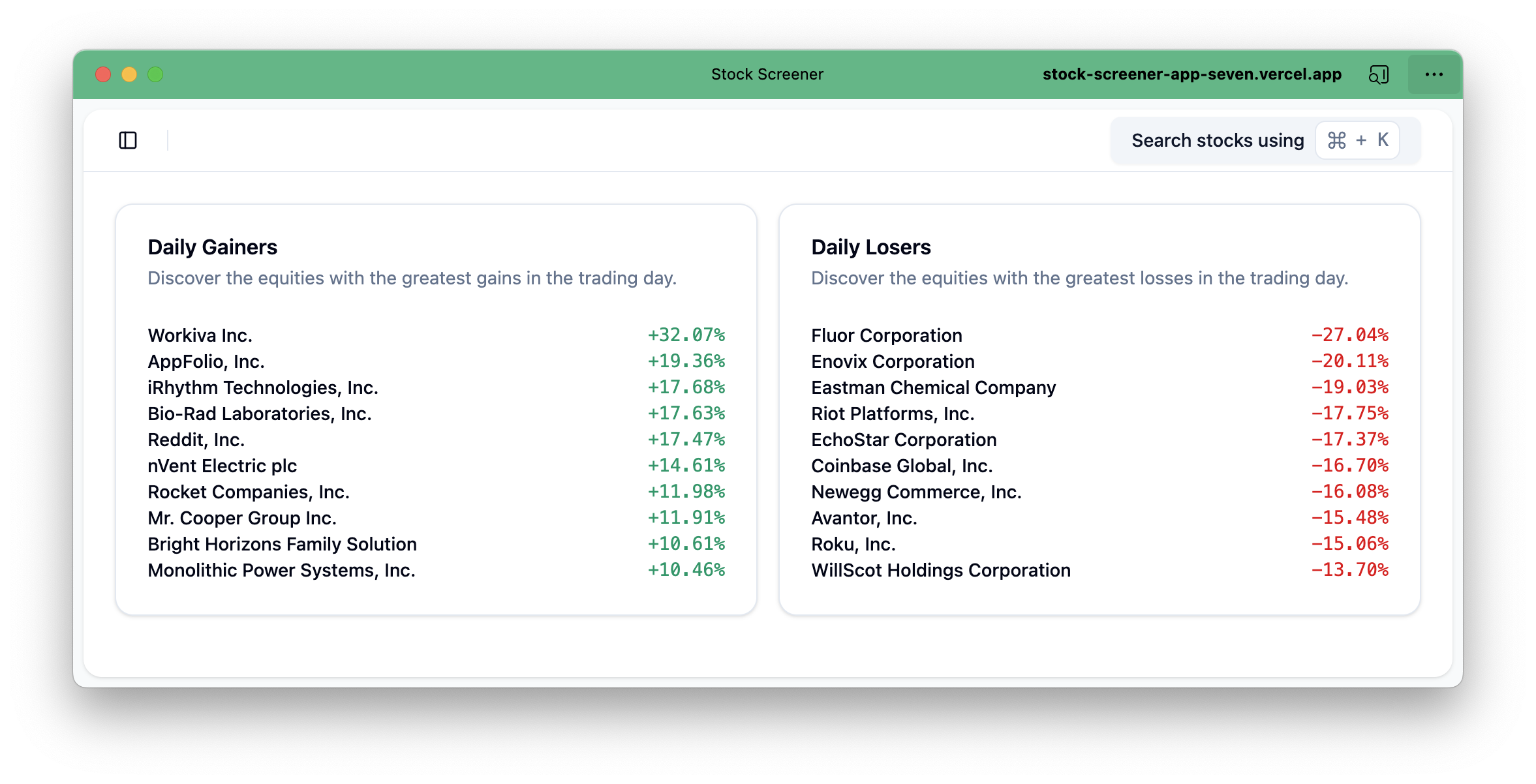 Stock screening web app